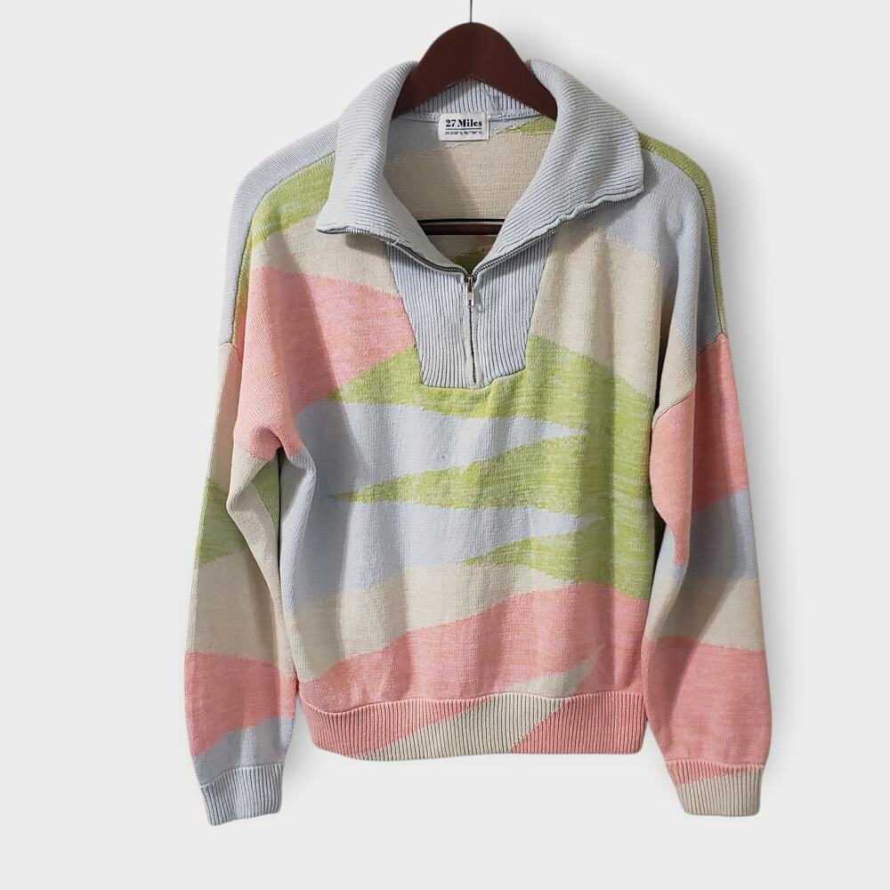 27 Miles Malibu‎ 1/4 Zip Pullover Sweater Sz Sm Cotton Pastel Colorblock Zig Zag